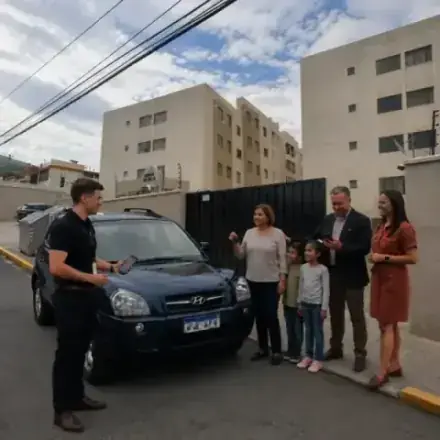 Experto revisando el historial vehicular de un auto usado en Ecuador junto a una familia