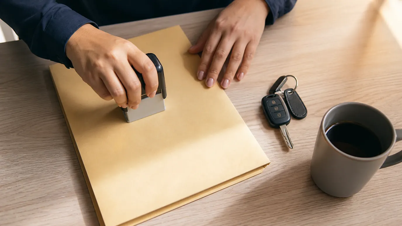 Sello sobre una carpeta de trámites junto a las llaves de un vehículo