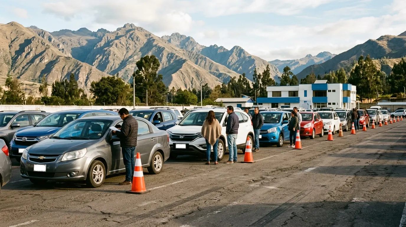 Fila de vehículos particulares esperando turno en un centro de matriculación vehicular en Ecuador