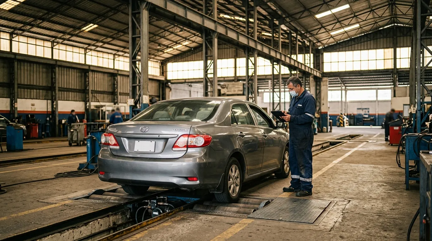 Automóvil sobre la línea de inspección de un centro de revisión técnica vehicular en Ecuador